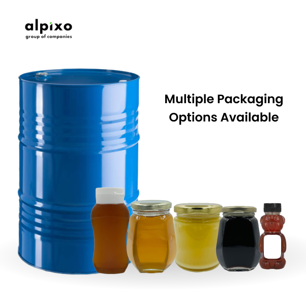 Multifloral honey in PET jars, glass jars, drums, and barrels for bulk buyers.