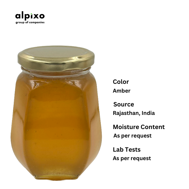 Amber-colored Sidr honey sourced from Rajasthan, India.