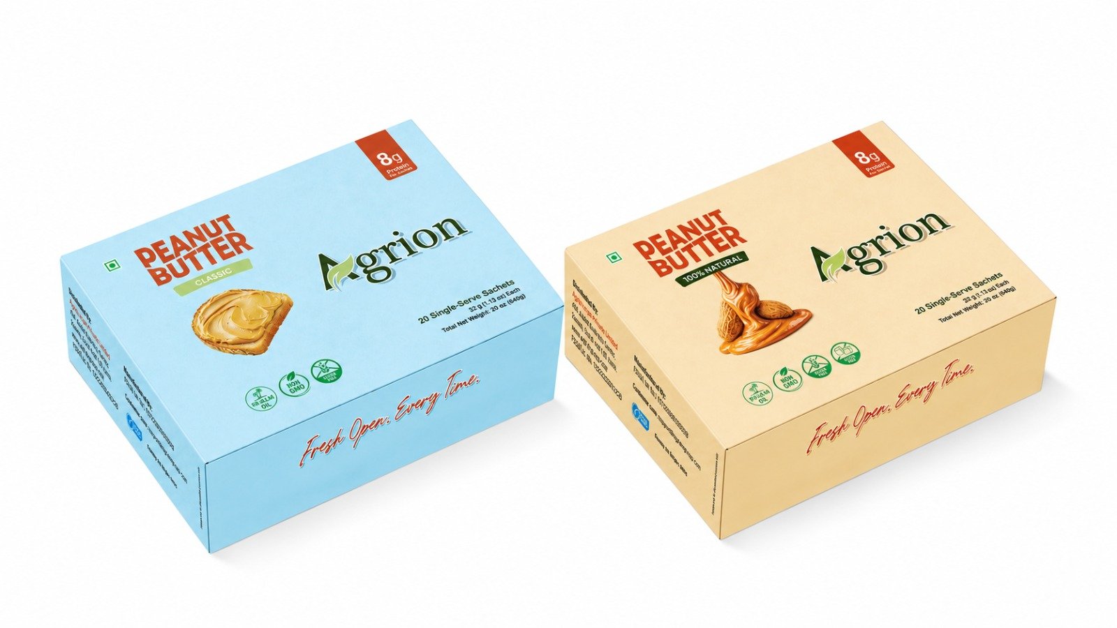 Agrion Classic Peanut Butter retail display box with 20 single-serve sachets