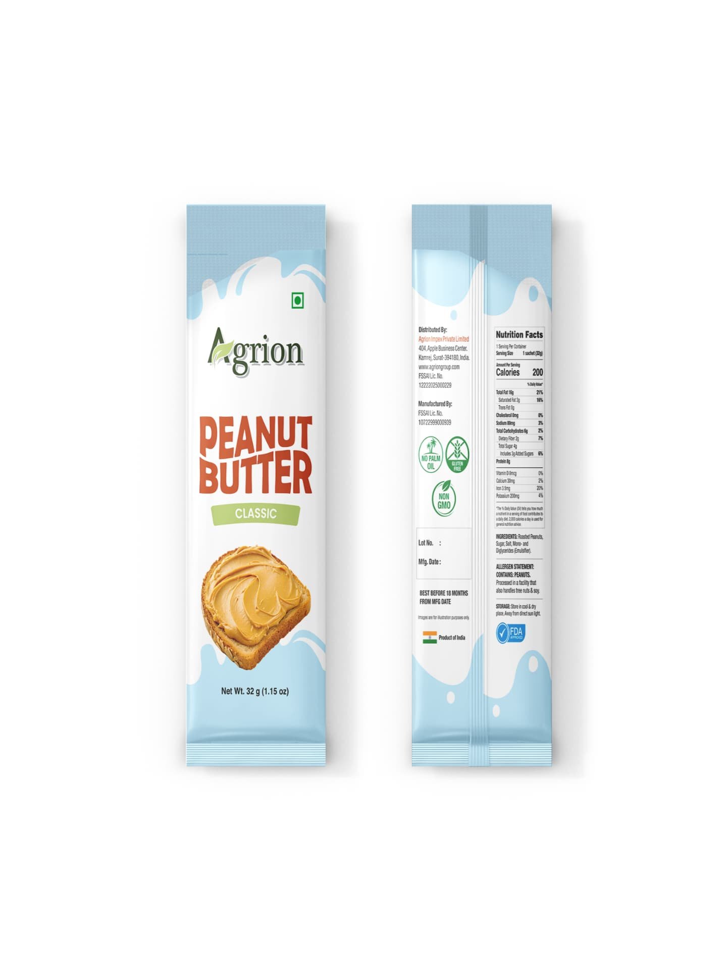 Agrion Classic Peanut Butter 32g sachets, front and back