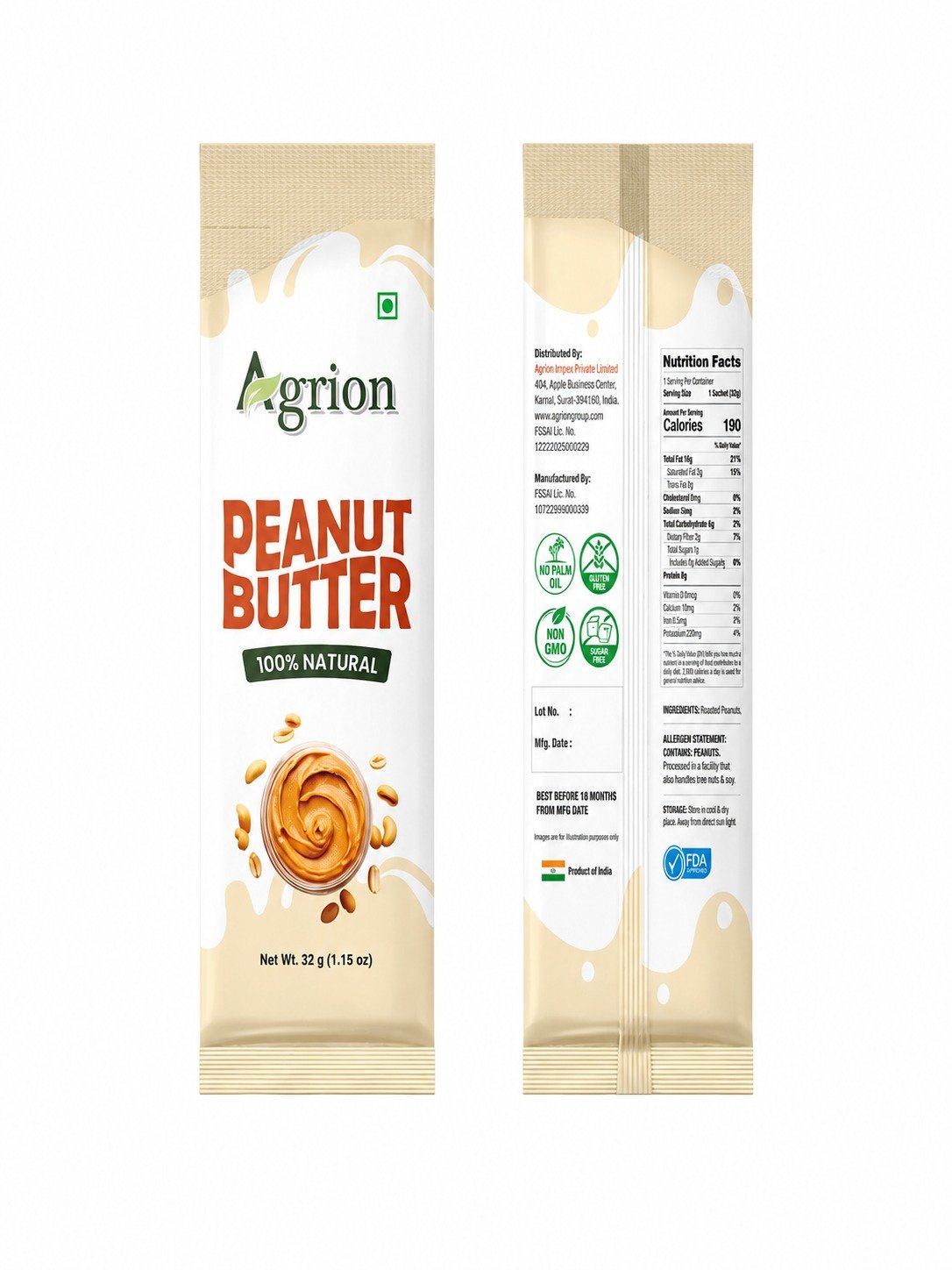 Agrion 100% Natural Peanut Butter 32g sachets, front and back