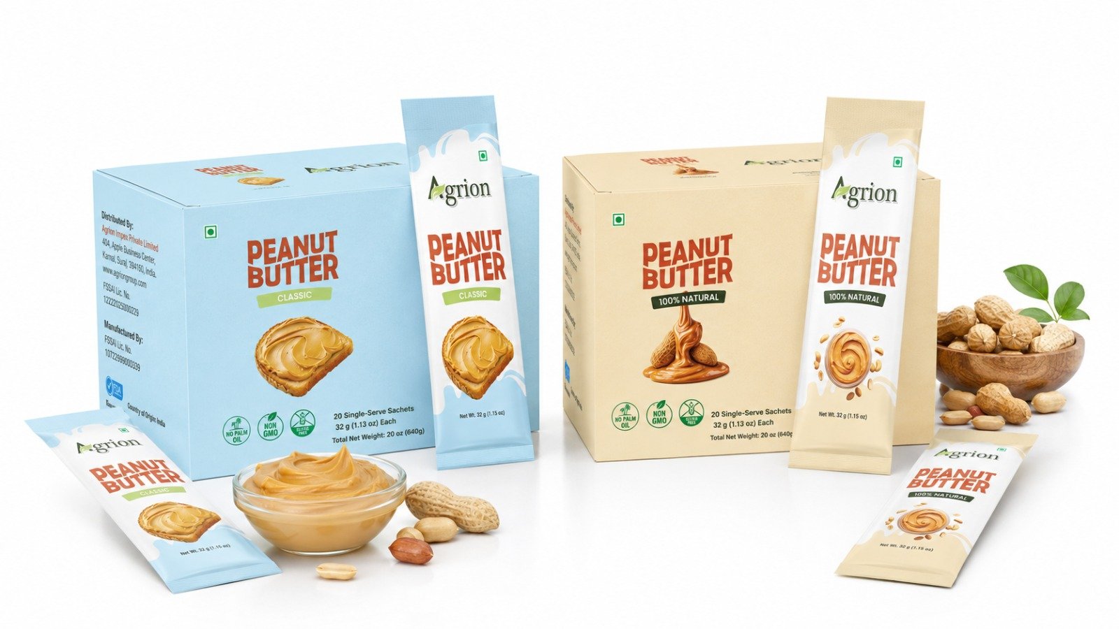 Single-serve peanut butter sachets with retail display box for distributors