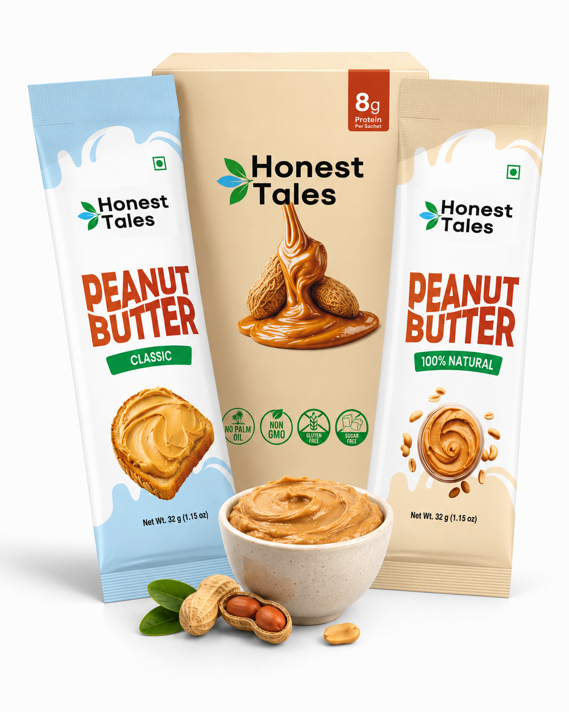 Single-serve peanut butter sachets with retail display box for distributors
